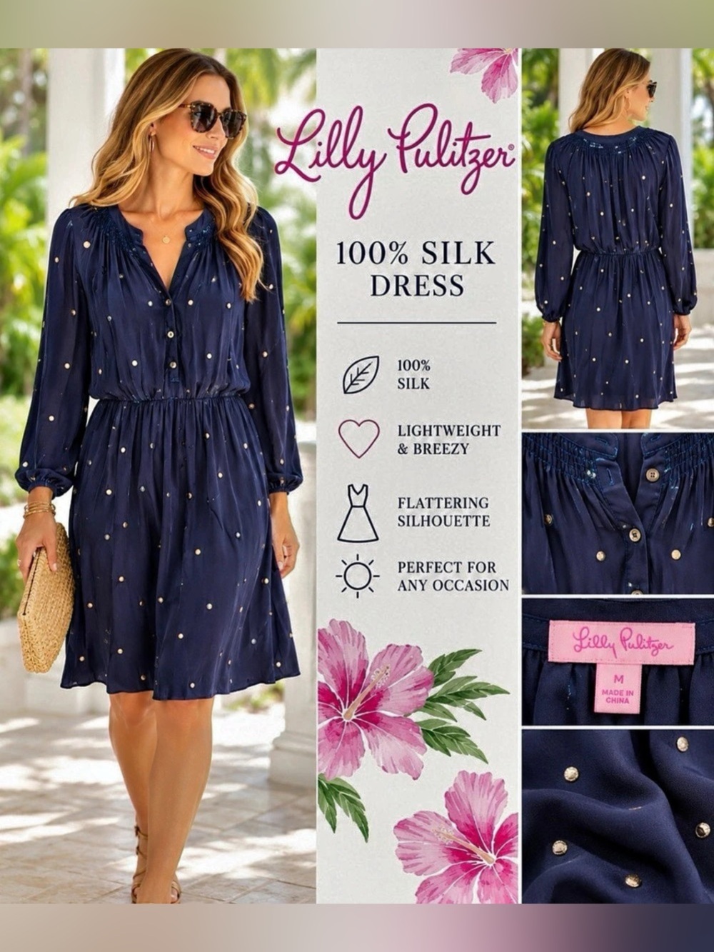 Lilly Pulitzer Gail Silk Dress Mini Blue & Gold Medium